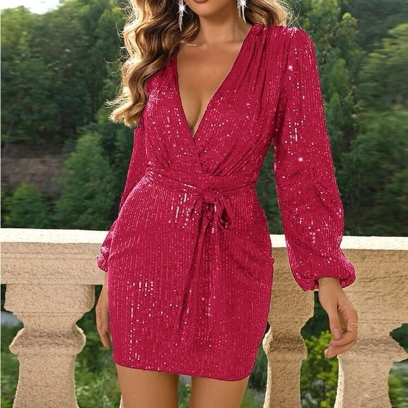 Luxe lantern sleeve V neck belted party formal prom bodycon dress - Picture 5 of 16